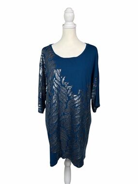 KZ by Karen Zambos Sequined Leaf Print Tunic Blue Metallic Art To Wear Large